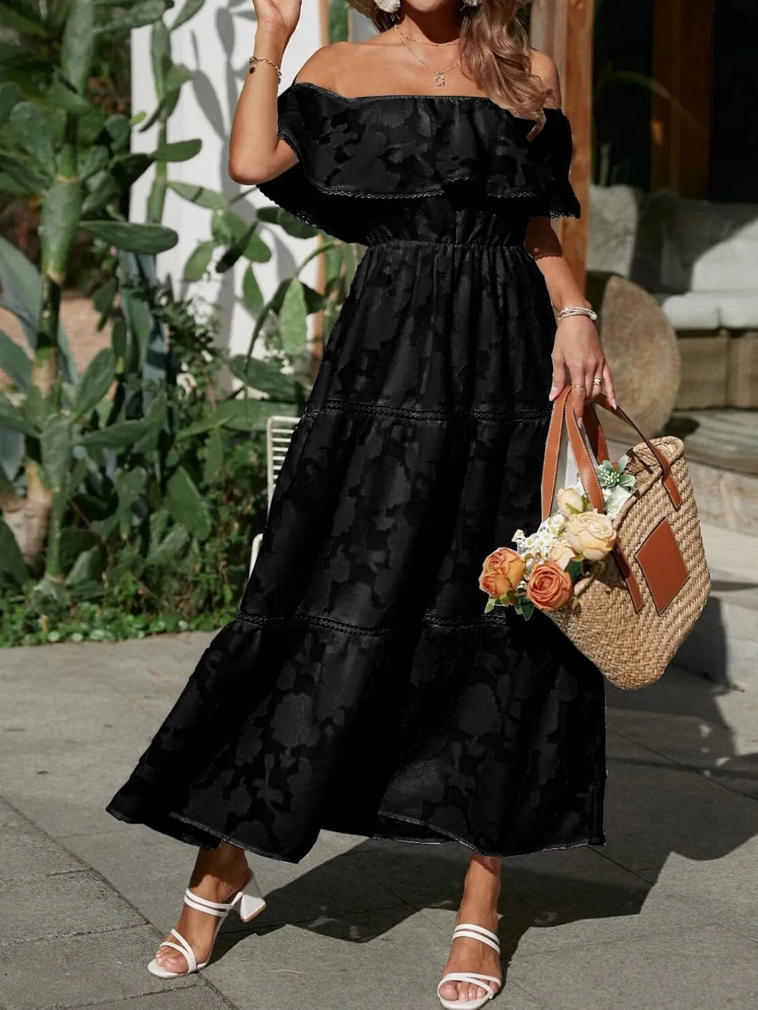 Women’s Midi Dress with Off-Shoulder Neckline and Tiered Skirt