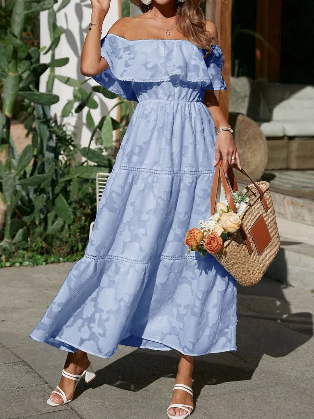 Women’s Midi Dress with Off-Shoulder Neckline and Tiered Skirt
