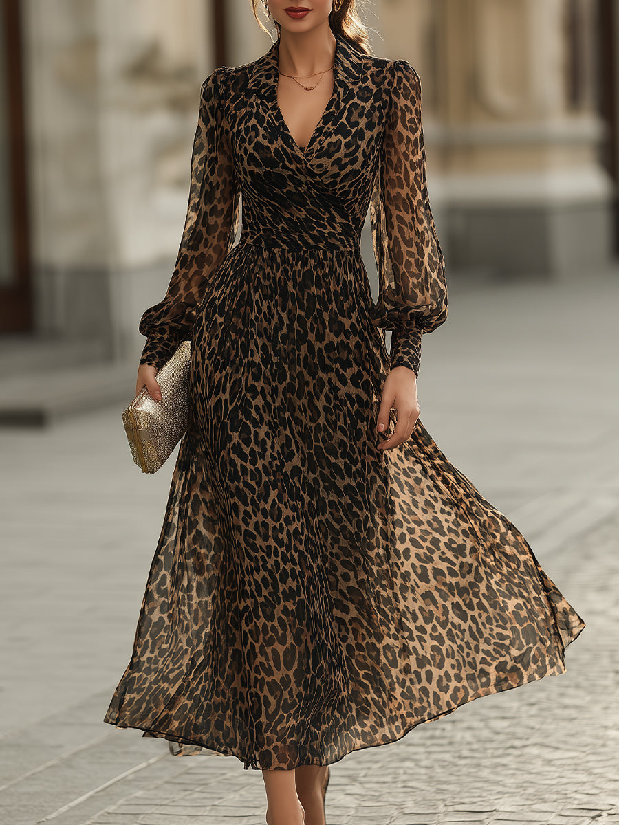 Women’s Midi Dress with Pointed Collar and Long Sleeves