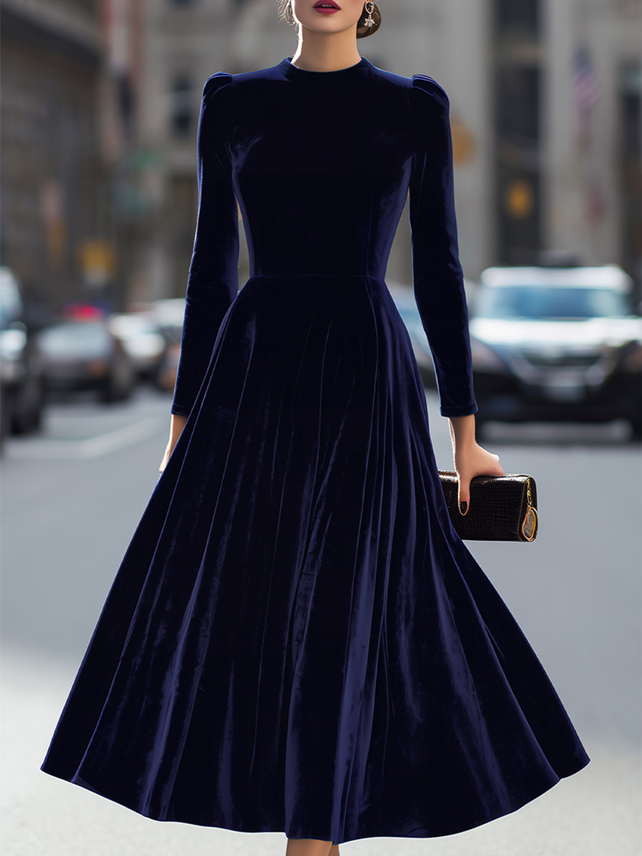 Women’s Midi Dress with Round Neckline and Long Sleeves