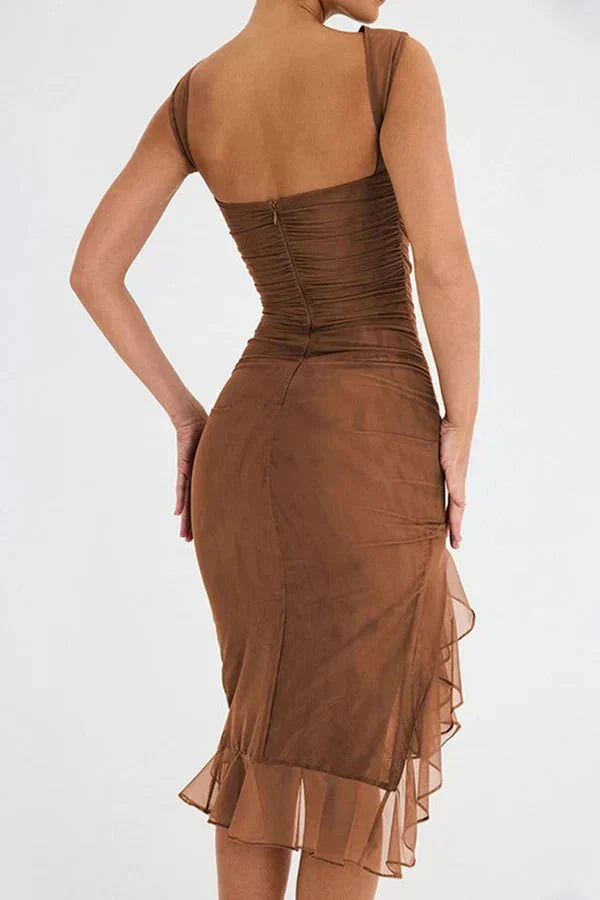 Women’s Midi Dress with Round Neckline and Ruffle Hem