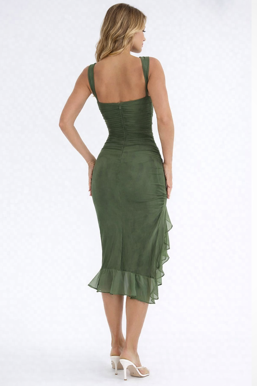 Women’s Midi Dress with Round Neckline and Ruffle Hem