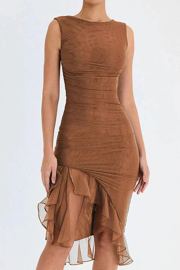 Women’s Midi Dress with Round Neckline and Ruffle Hem