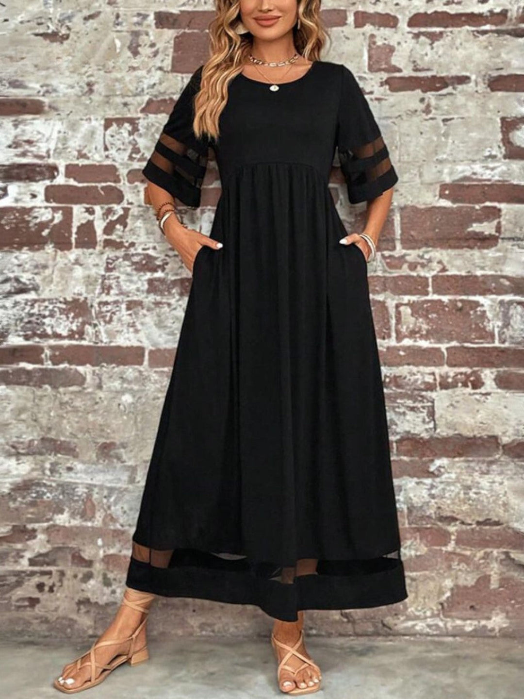 Women’s Midi Dress with Round Neckline and Sheer Sleeve Panels