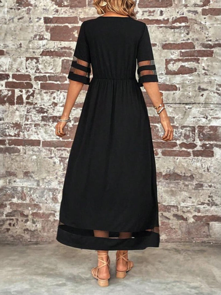 Women’s Midi Dress with Round Neckline and Sheer Sleeve Panels