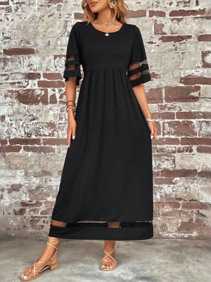 Women’s Midi Dress with Round Neckline and Sheer Sleeve Panels