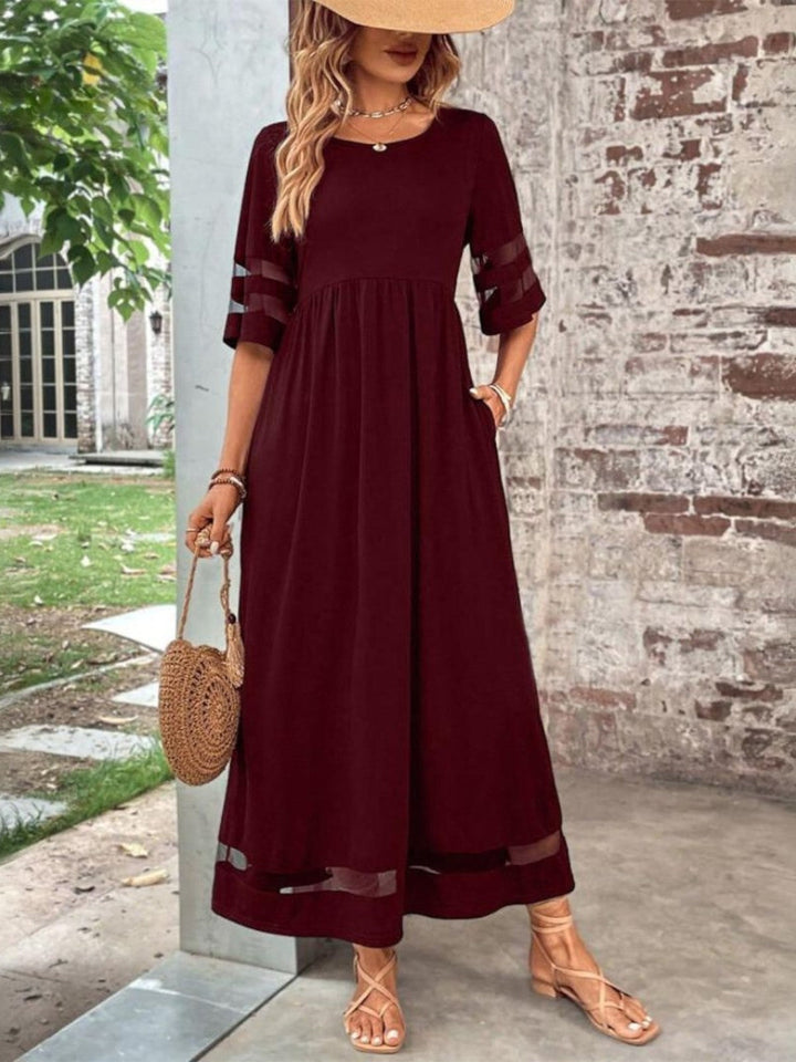 Women’s Midi Dress with Round Neckline and Sheer Sleeve Panels