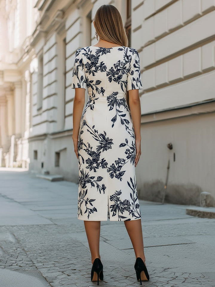 Women’s Midi Dress with Round Neckline and Short Sleeves