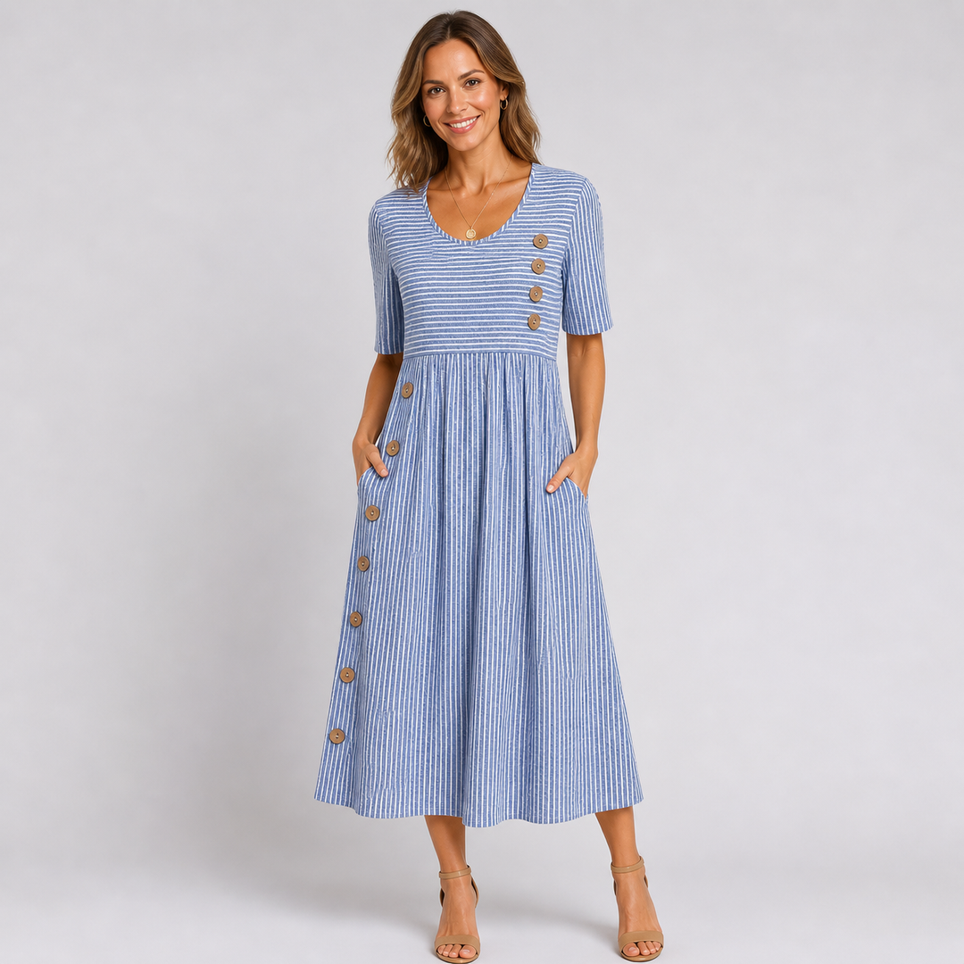 Women’s Midi Dress with Round Neckline and Side Buttons