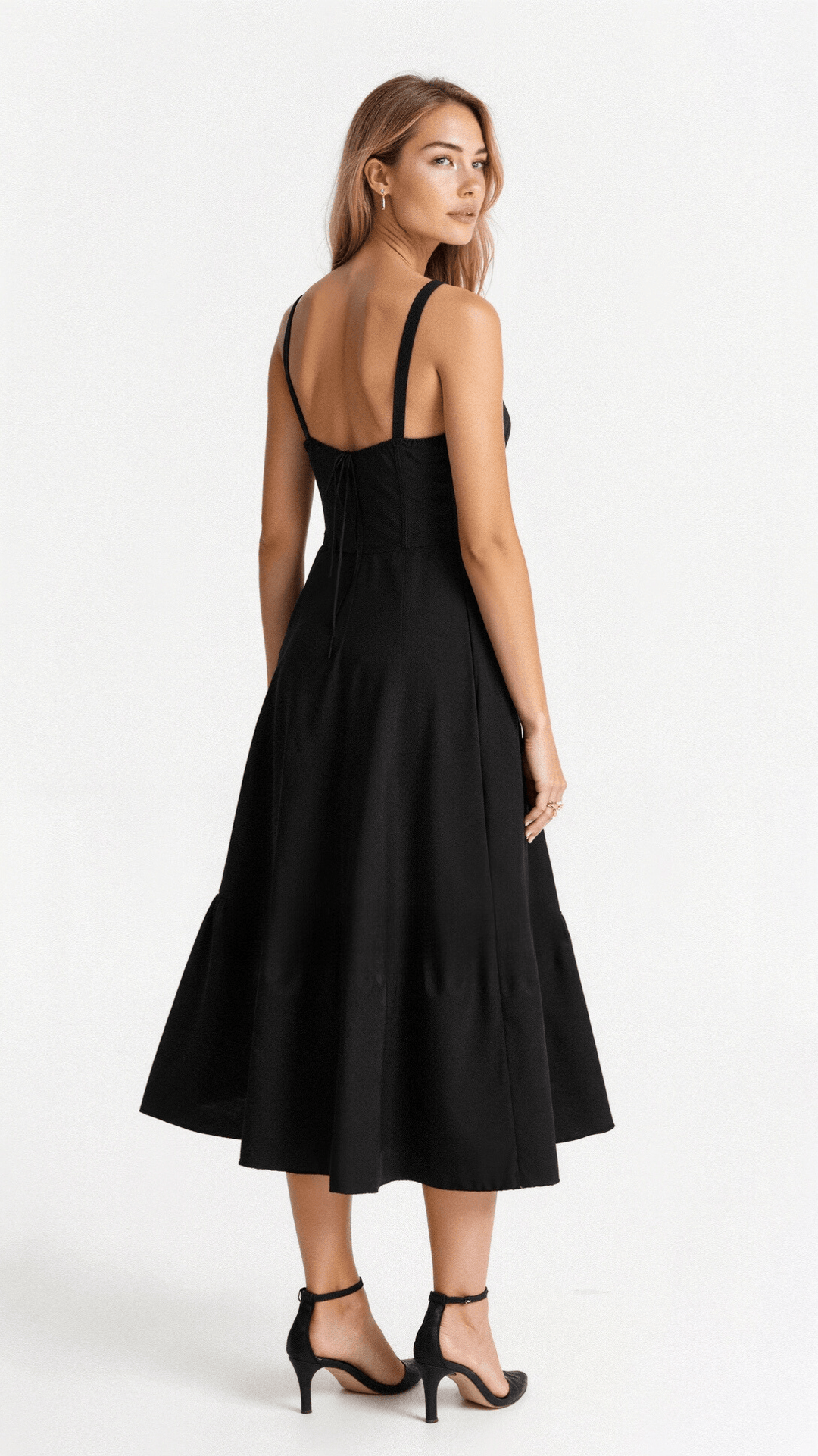 Women’s Midi Dress with Shoulder Straps and Drawstring Detail