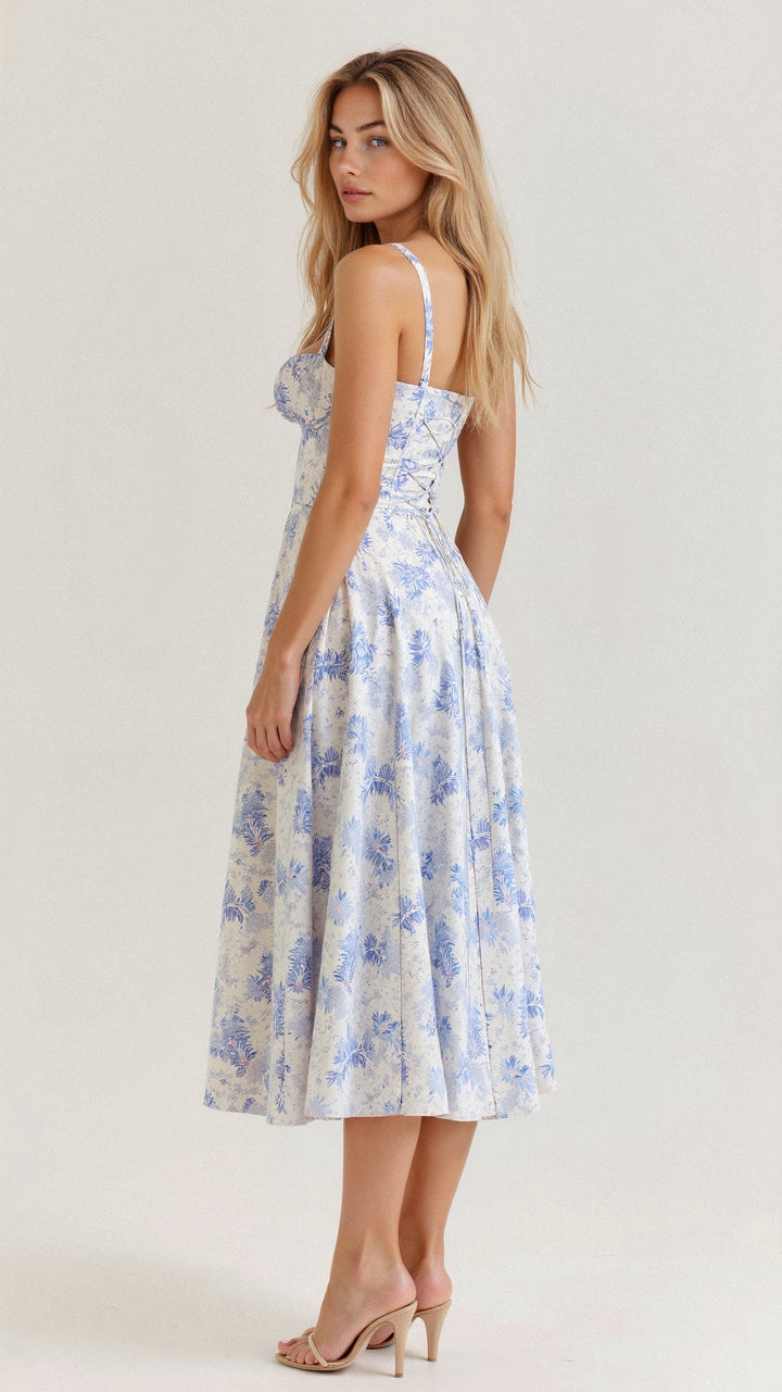 Women’s Midi Dress with Shoulder Straps and Drawstring Detail