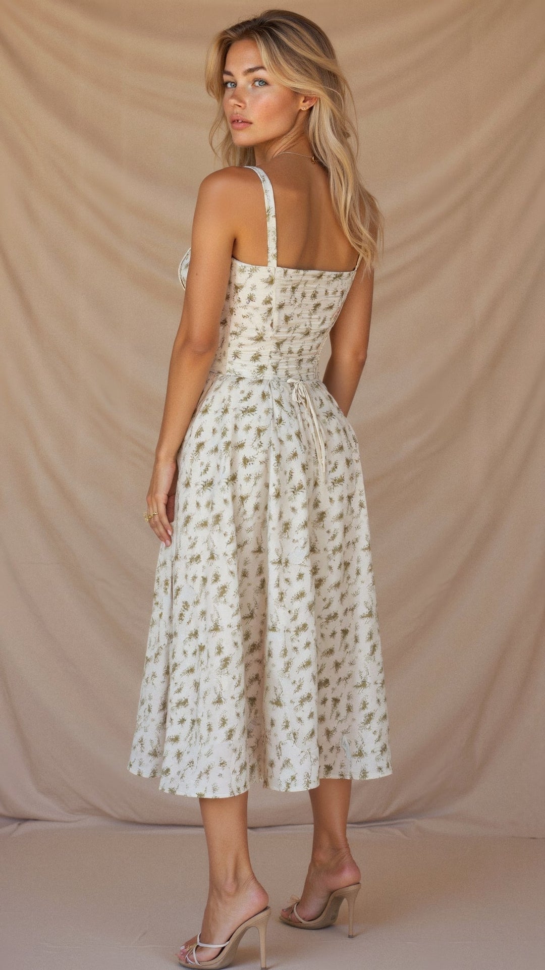 Women’s Midi Dress with Shoulder Straps and Drawstring Detail