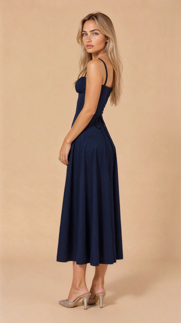 Women’s Midi Dress with Shoulder Straps and Drawstring Detail