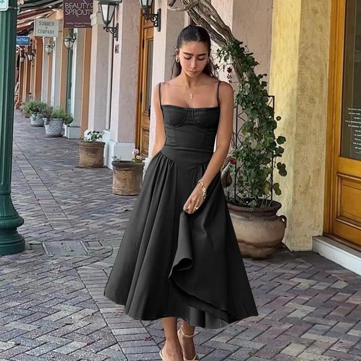 Women’s Midi Dress with Shoulder Straps and Side Pockets