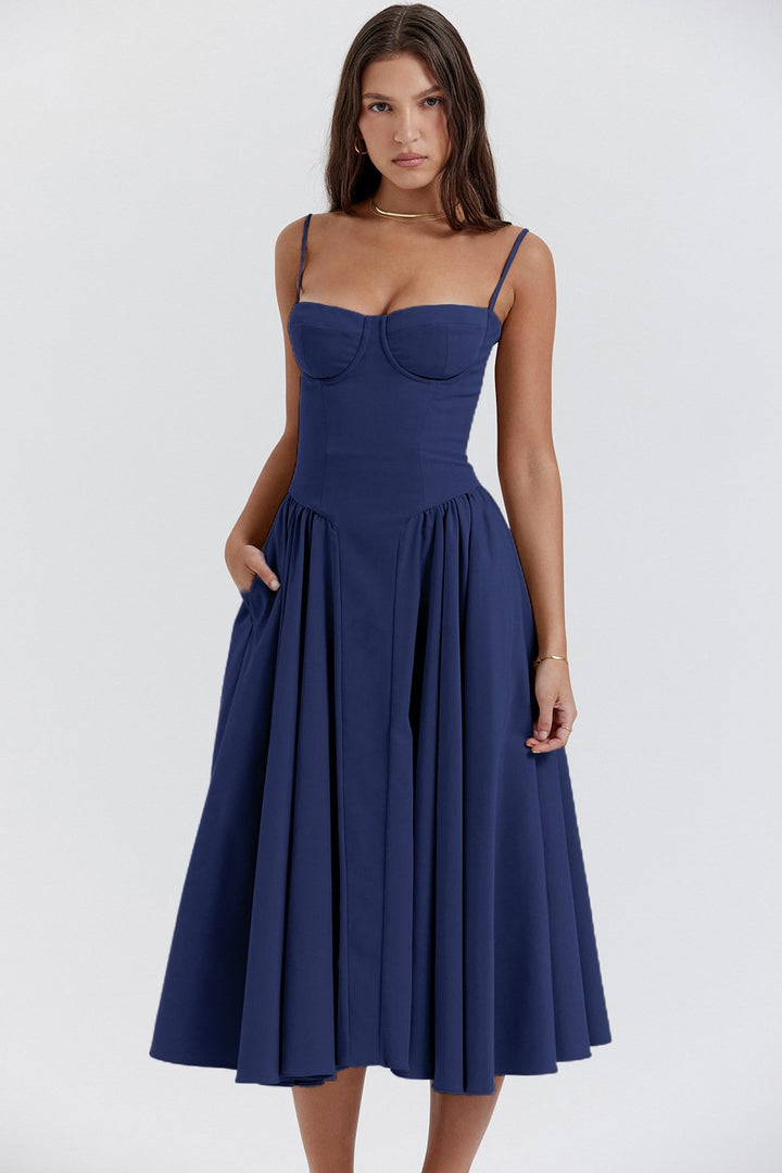 Women’s Midi Dress with Shoulder Straps and Side Pockets