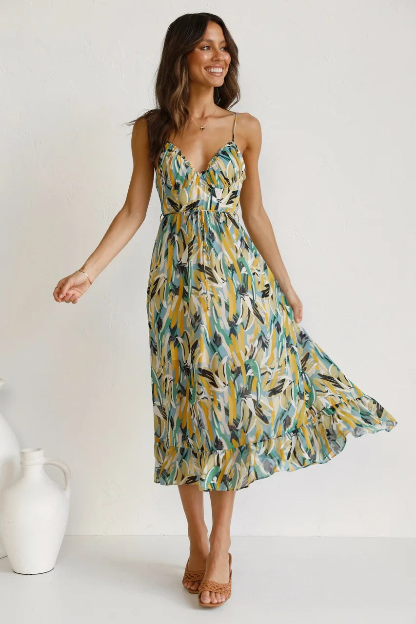 Women’s Midi Dress with Spaghetti Straps and Ruffle Hem