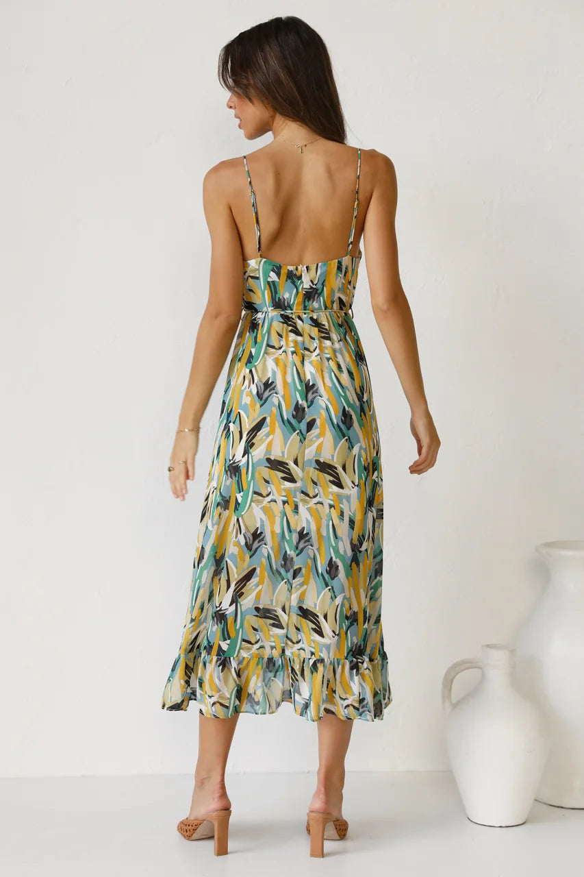 Women’s Midi Dress with Spaghetti Straps and Ruffle Hem
