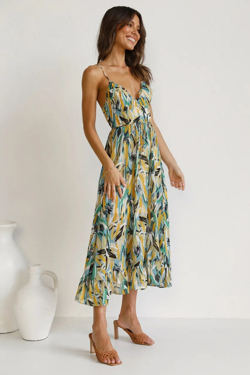 Women’s Midi Dress with Spaghetti Straps and Ruffle Hem