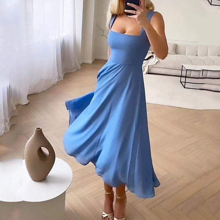 Women’s Midi Dress with Square Neckline and Sleeveless
