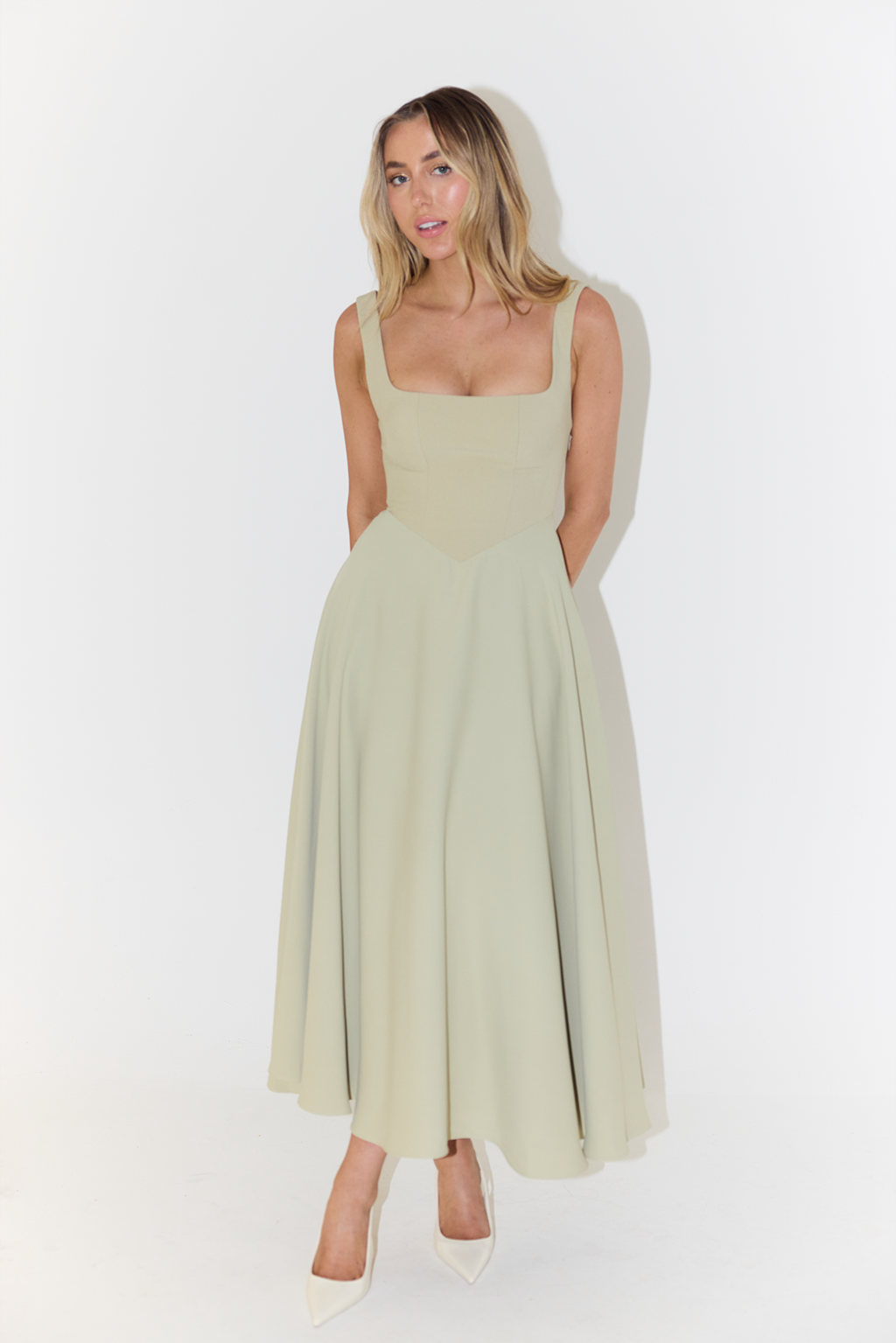 Women’s Midi Dress with Square Neckline and Sleeveless