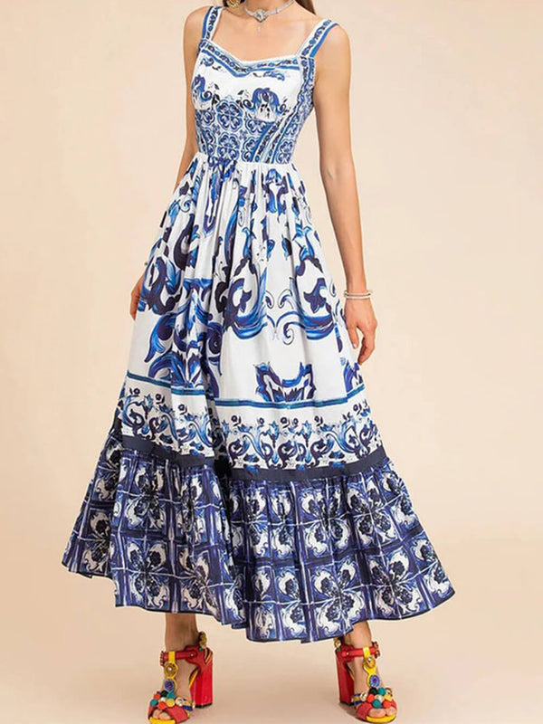 Women’s Midi Dress with Square Neckline and Tiered Skirt