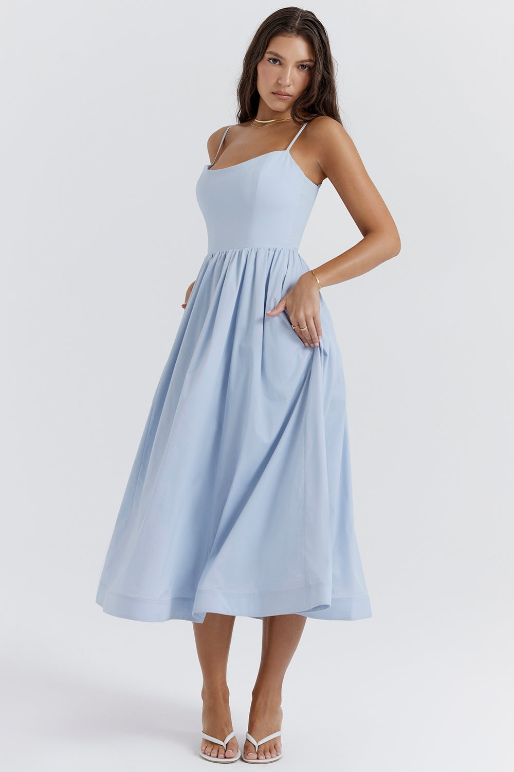 Women’s Midi Dress with Straight Neckline and Spaghetti Straps