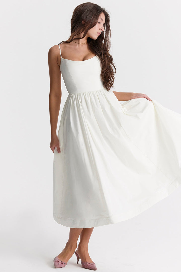 Women’s Midi Dress with Straight Neckline and Spaghetti Straps