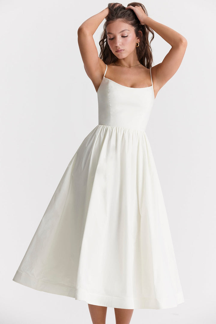 Women’s Midi Dress with Straight Neckline and Spaghetti Straps
