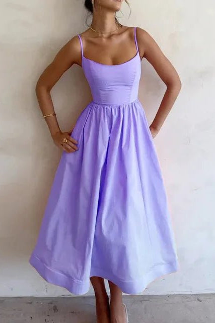 Women’s Midi Dress with Straight Neckline and Spaghetti Straps