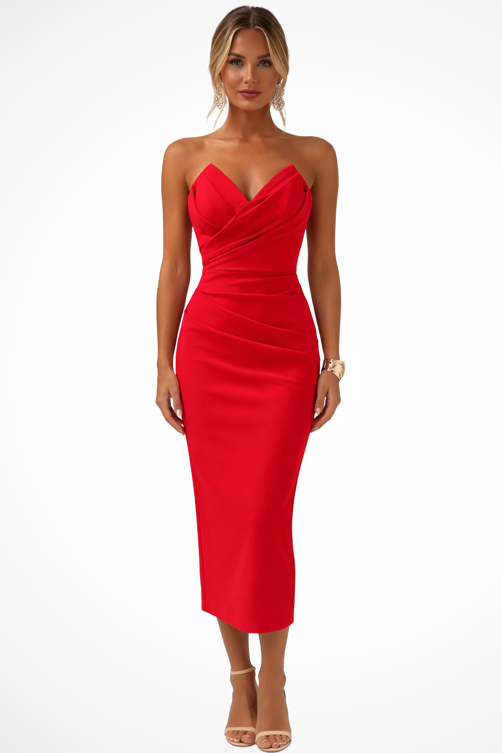 Women’s Midi Dress with Sweetheart Neckline and Strapless Bodice