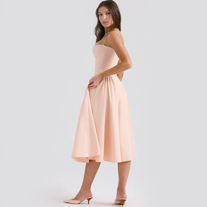 Women’s Midi Dress with Sweetheart Neckline and Thin Shoulder Straps
