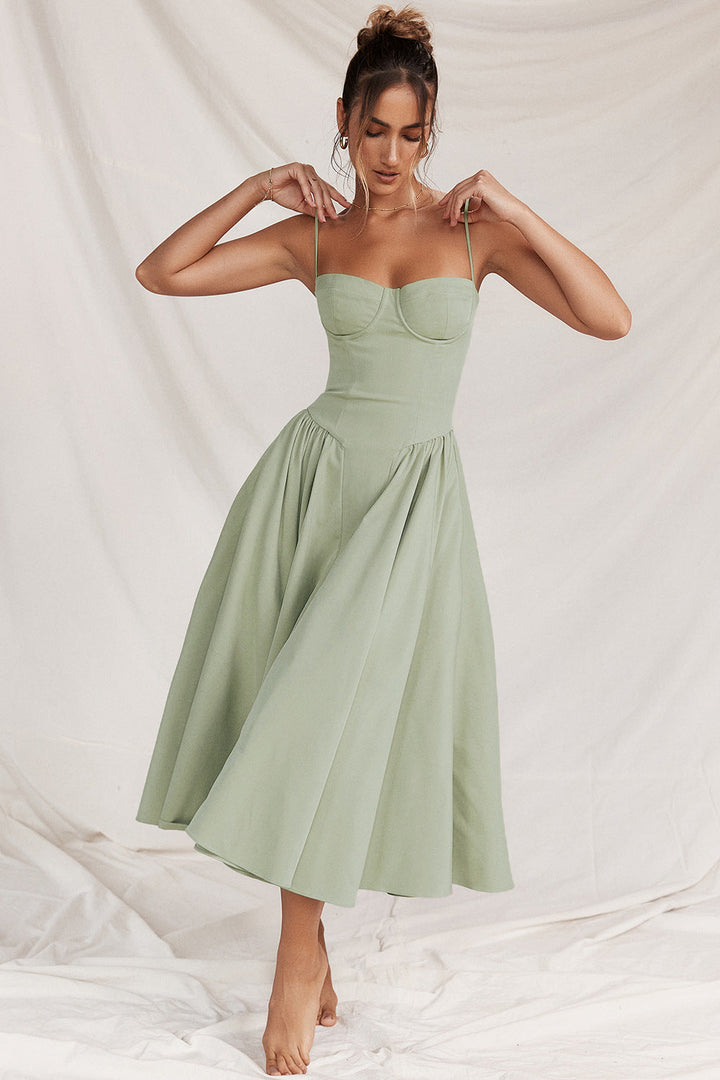 Women’s Midi Dress with Sweetheart Neckline and Thin Shoulder Straps