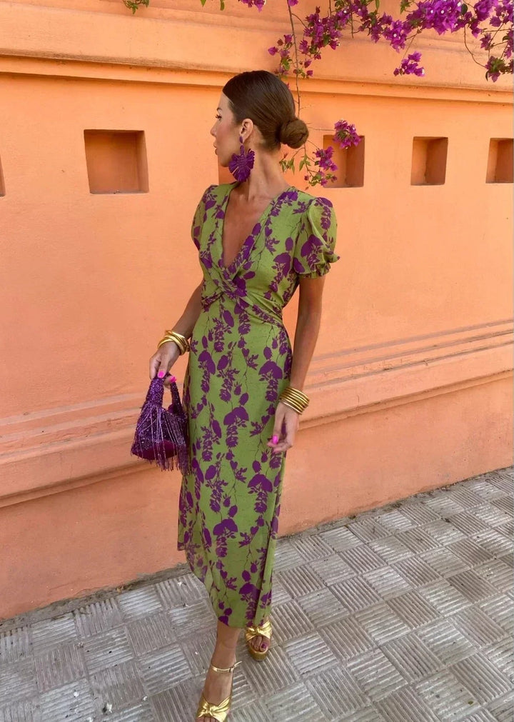Women’s Midi Dress with V-Neckline and Short Sleeves