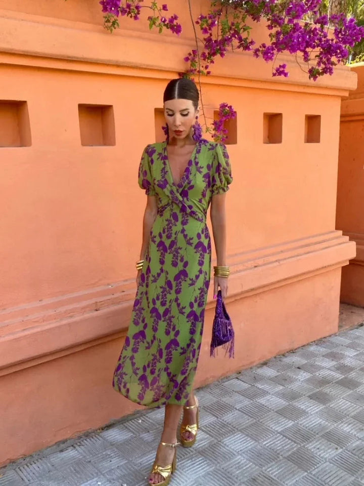 Women’s Midi Dress with V-Neckline and Short Sleeves