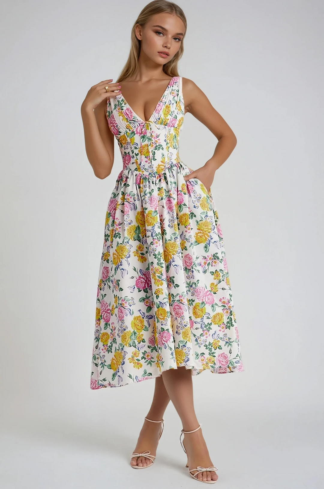 Women’s Midi Dress with V-Neckline and Side Pockets