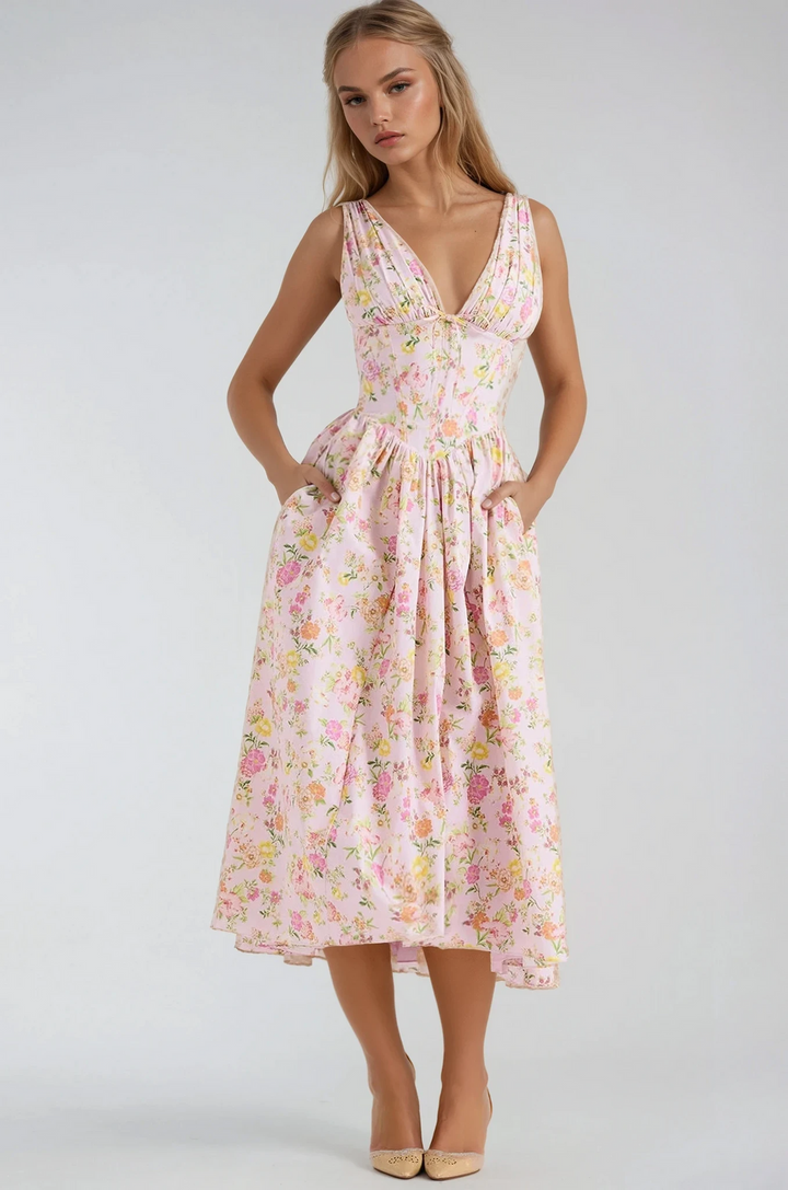 Women’s Midi Dress with V-Neckline and Side Pockets