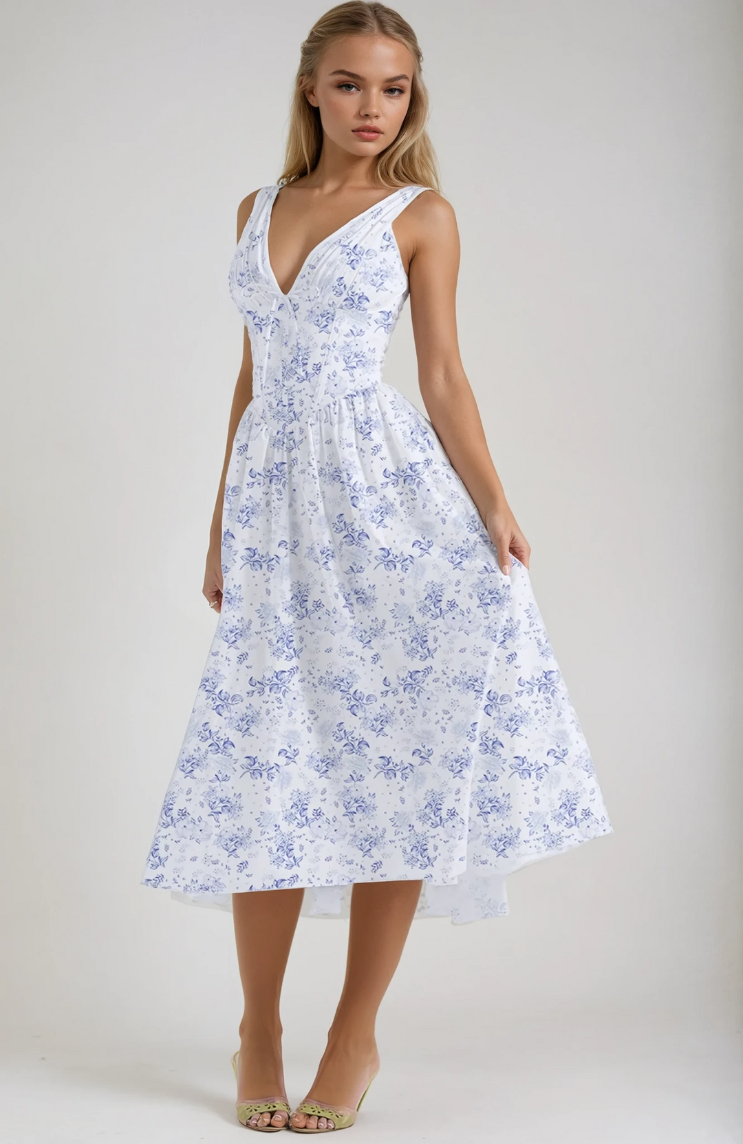 Women’s Midi Dress with V-Neckline and Side Pockets