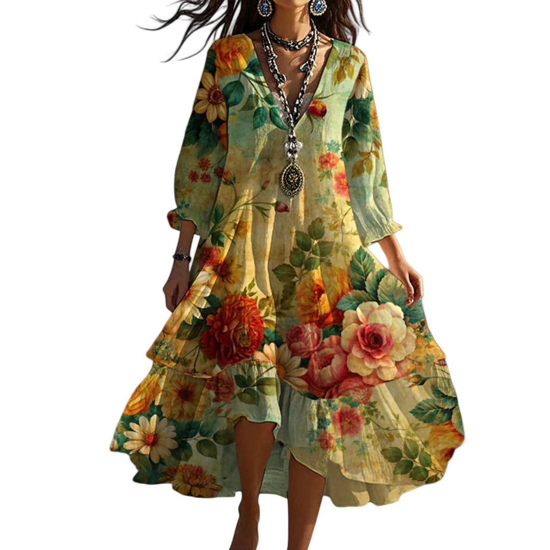Women’s Midi Dress with V-Neckline and Three-Quarter Sleeves
