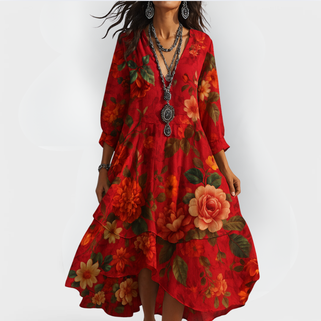 Women’s Midi Dress with V-Neckline and Three-Quarter Sleeves