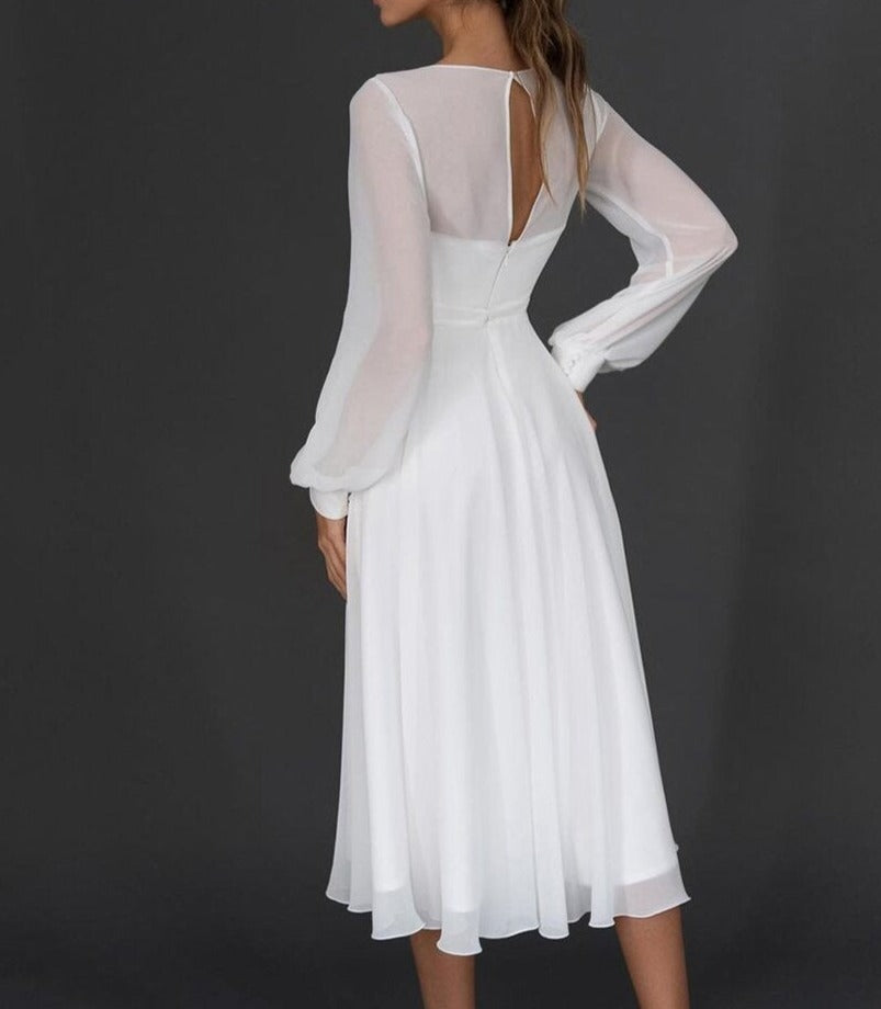 Women’s Midi Dress with V Neckline and Long Sleeves