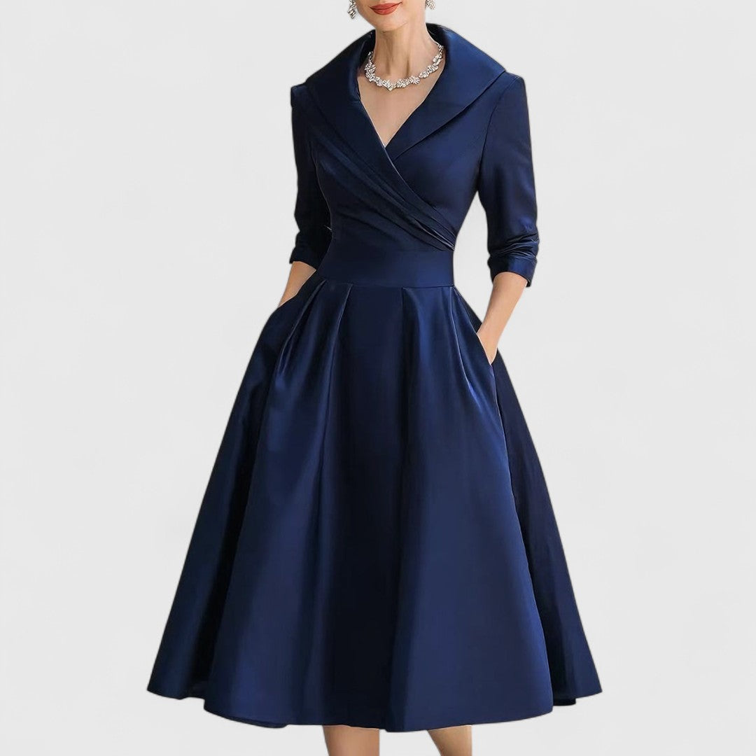Women’s Midi Dress with Wrap Neckline and Side Pockets