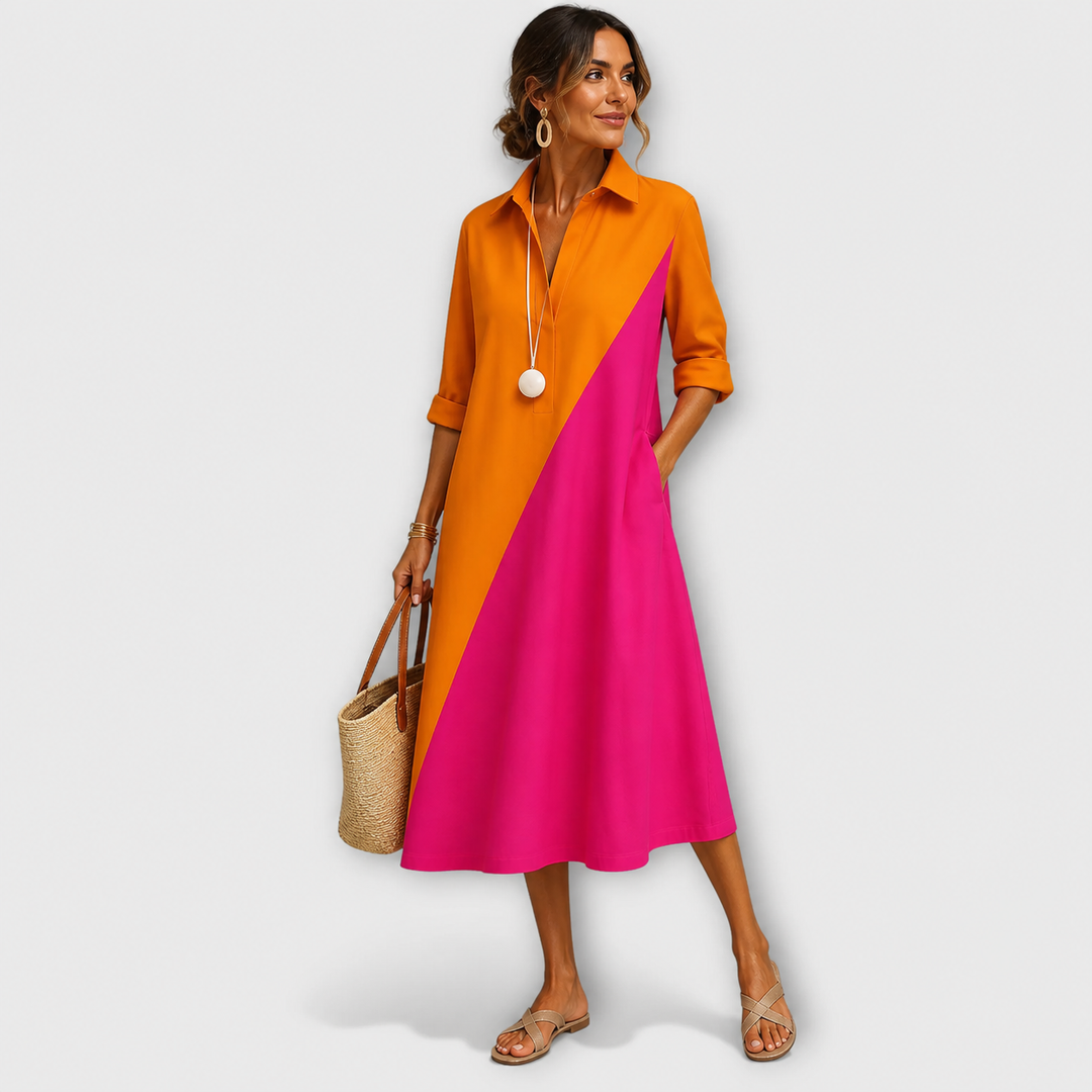 Women’s Midi Shirt Dress with Collared Neckline and Side Pockets