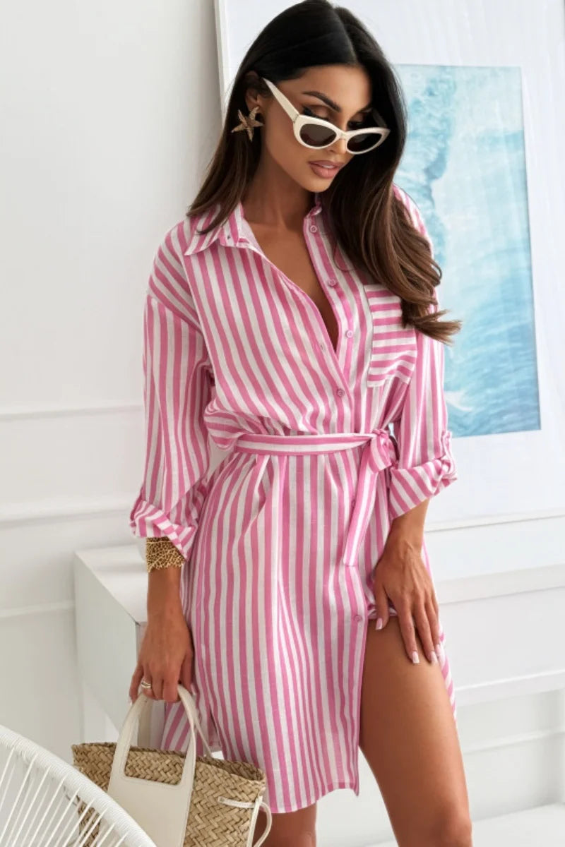 Women’s Midi Shirt Dress with Front Button Closure