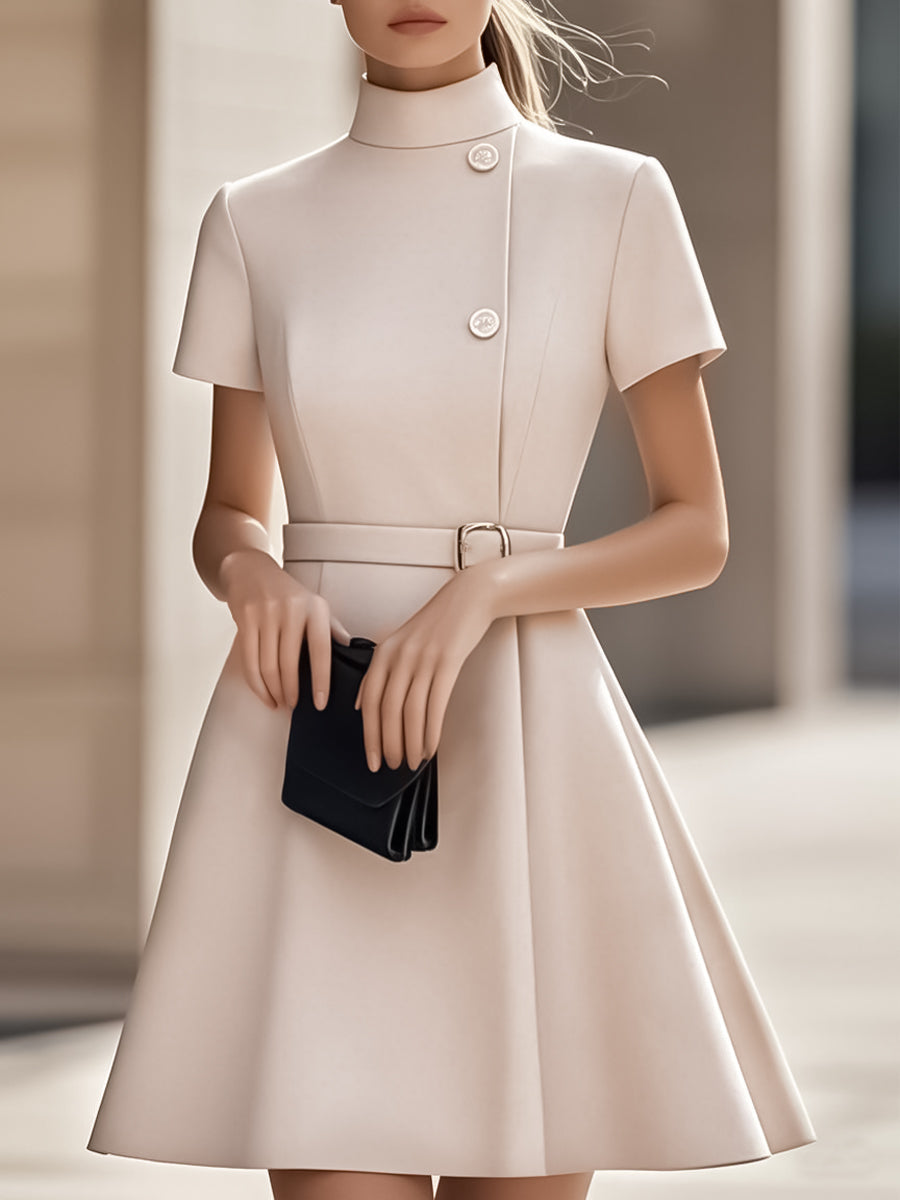Women’s Mini Dress with High Neck and Waist Belt
