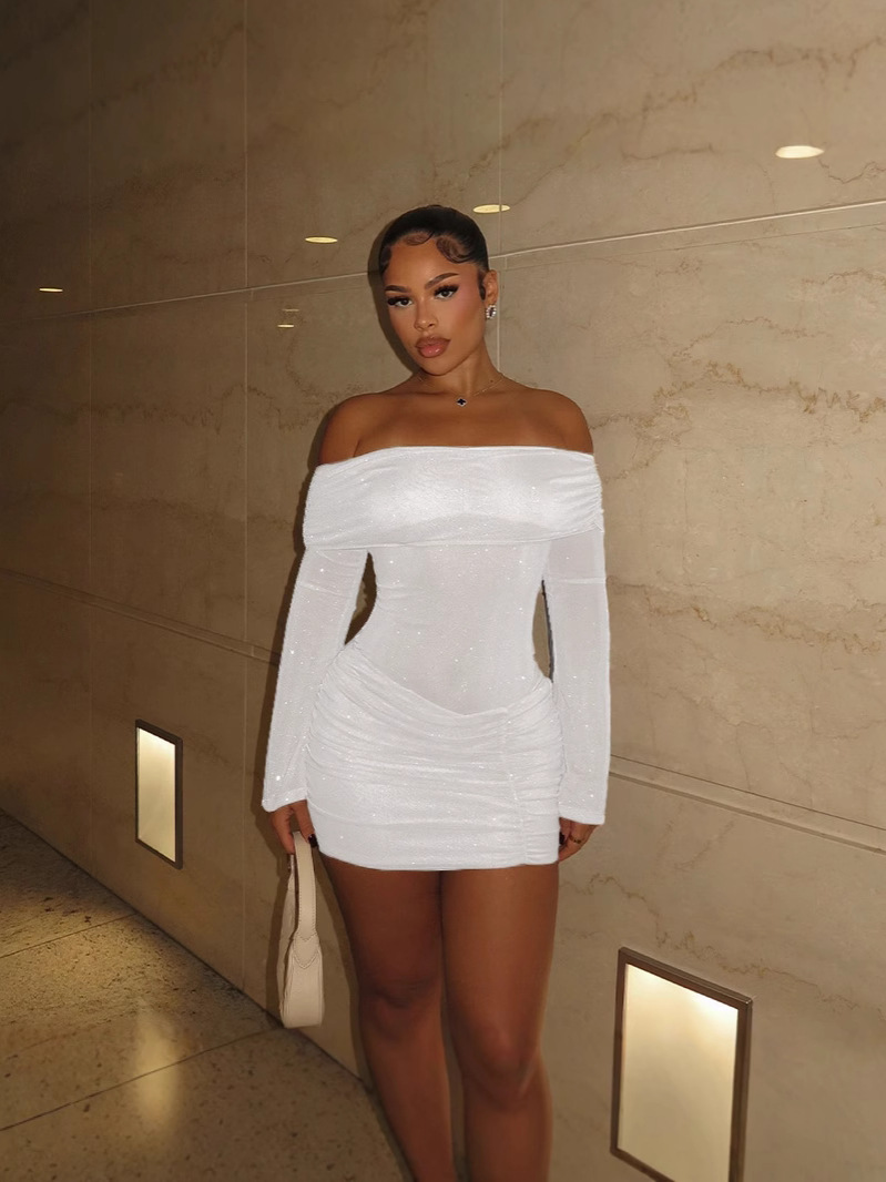 Women’s Mini Dress with Off-Shoulder Neckline and Long Sleeves
