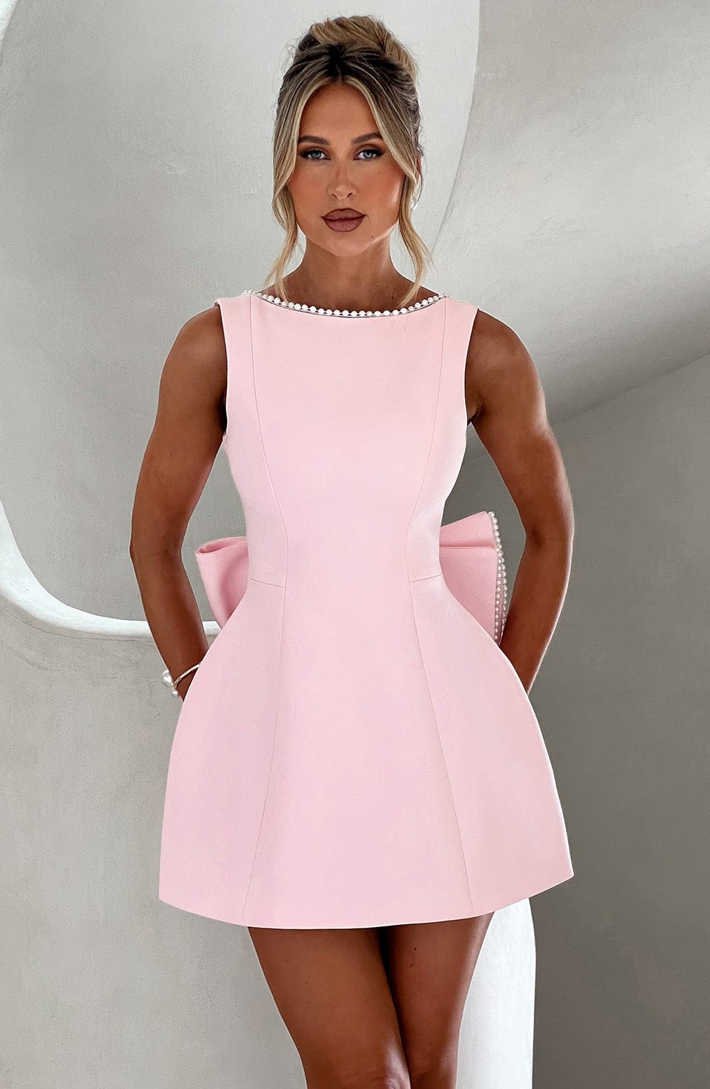 Women’s Mini Dress with Pearl Trim and Back Bow