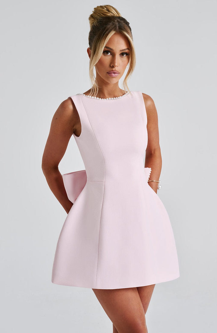 Women’s Mini Dress with Pearl Trim and Back Bow