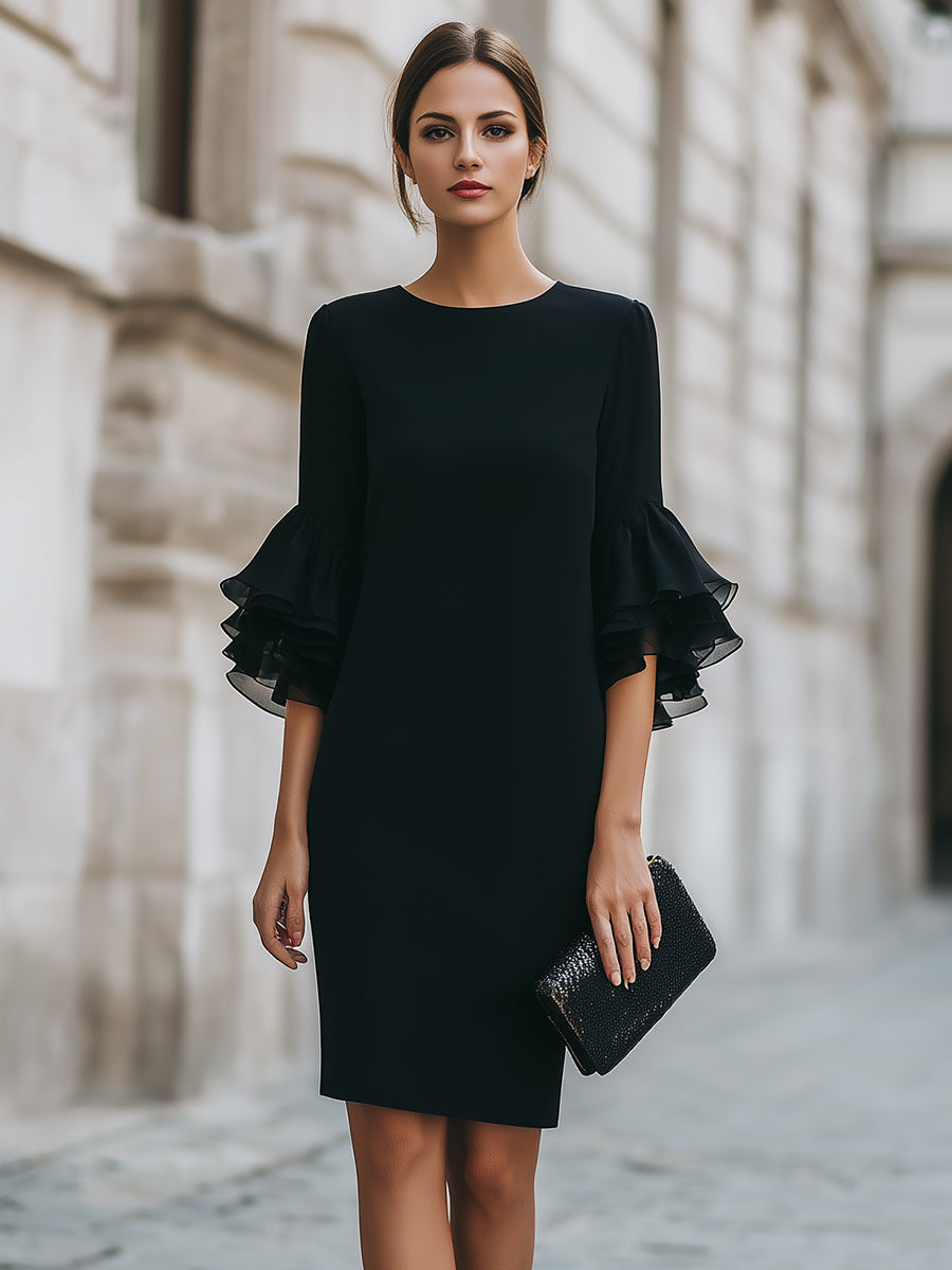 Women’s Mini Dress with Round Neckline and Tiered Sleeves