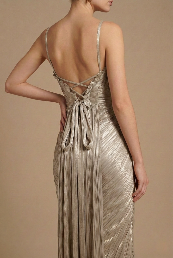 Women’s Pleated Corset Maxi Dress with Structured Bodice