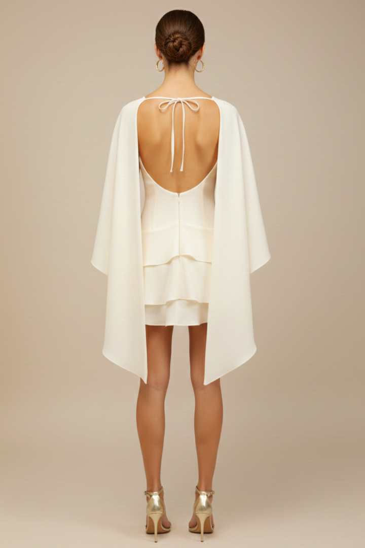 Women’s Ruffled Mini Dress with Draped Shawl Panel